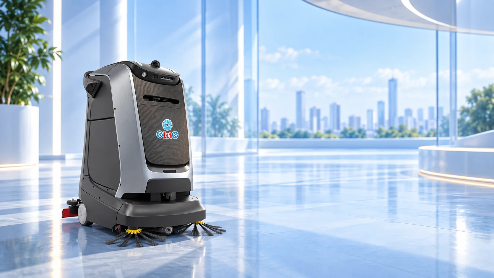 Gausium Mira vận hành hành lang và không gian thương mại cỡ vừa.